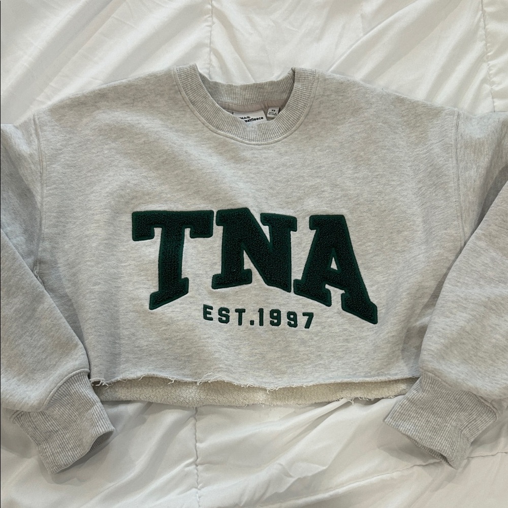 TNA Heather Gray Cropped Sweatshirt with Dark Green Logo